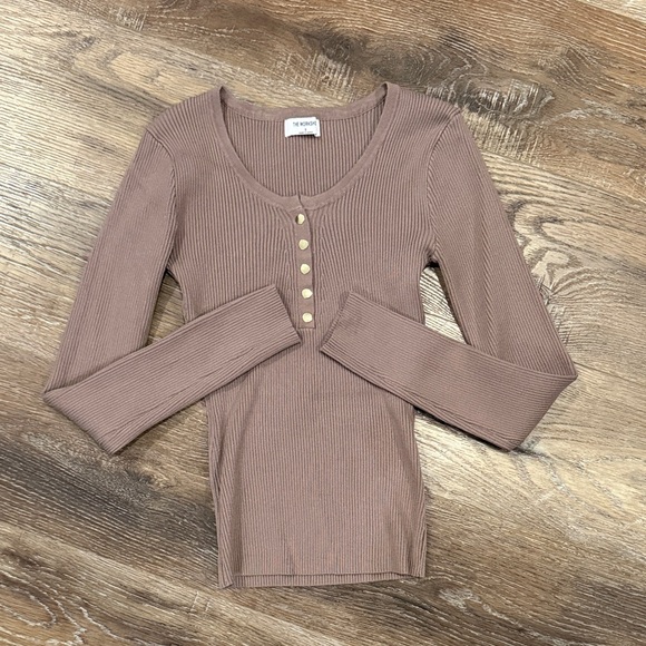 Workshop Republic Clothing Tops - The Workshop Button Down Ribbed Top in Taupe, Size S